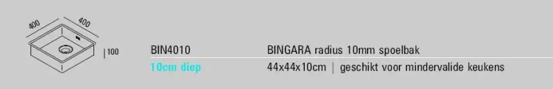 ABK Bingara pia rasa em aço inoxidável para pessoas com deficiência 10cm de profundidade 40x40cm montagem nivelada, montagem inferior e montagem superior BIN4010FVI