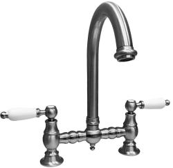 PB Nostálgica Torneira de Cozinha de Ponte em Aço Inoxidável com Bica Redonda e Alavancas Brancas PBN.RVS.R.WH