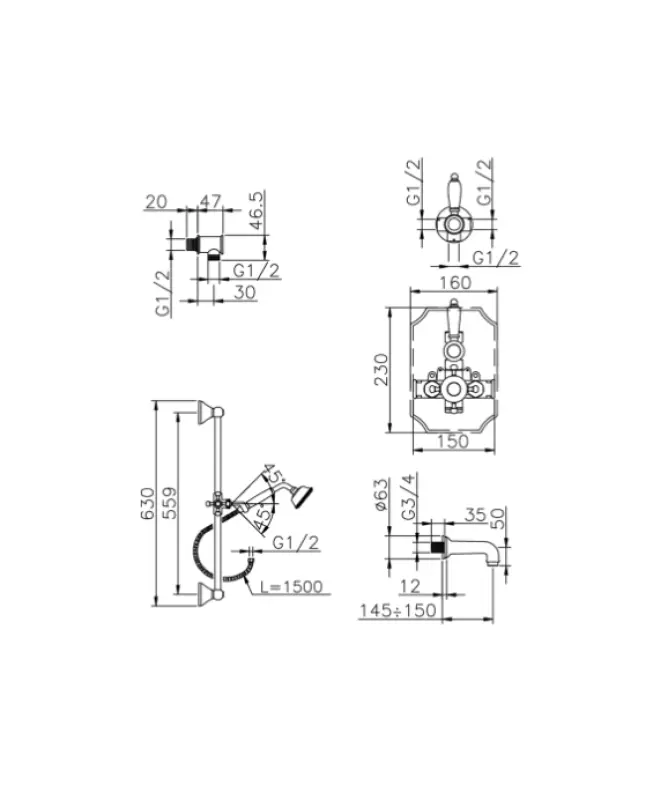 Conjunto de Banho-Duche Embutido Termostático Huber Victorian Ouro 914.VT01H.AG