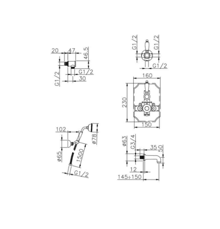 Huber Victorian Conjunto de Banho-Ducha Embutido Termostático Bronze 915.VT01H.BA