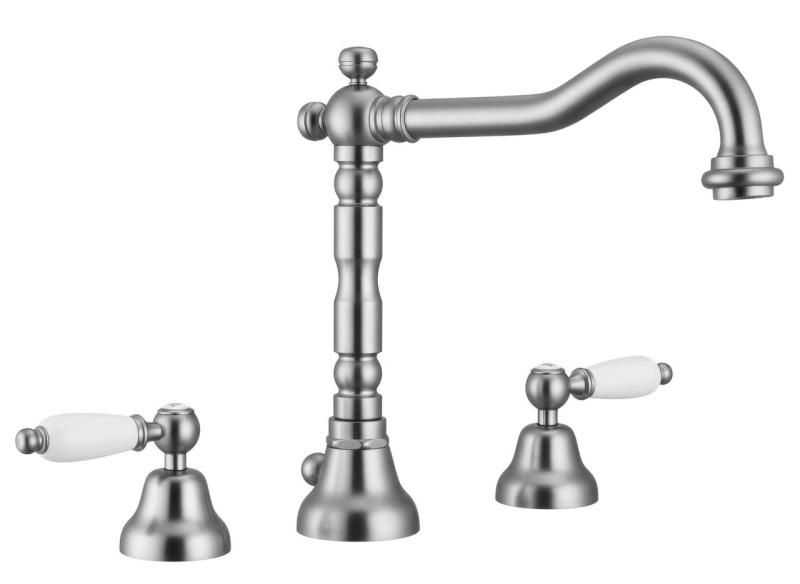 PB torneira clássica de 3 furos para lavatório com alças brancas em aço inoxidável 1208854282