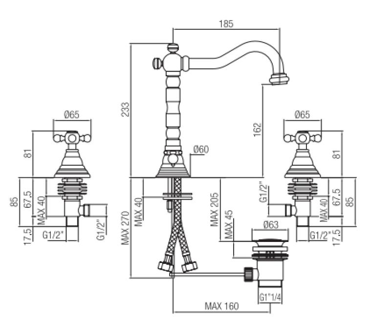 Torneira clássica de lavatório de 3 furos PB com manípulos em forma de estrela, bica de 18,5 cm Bronze 1208854942