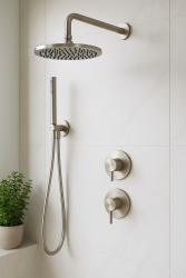 Waterevolution Flow conjunto de chuveiro embutido com termostato, chuveiro de teto e ducha de mão, aço inoxidável maciço 1208889792