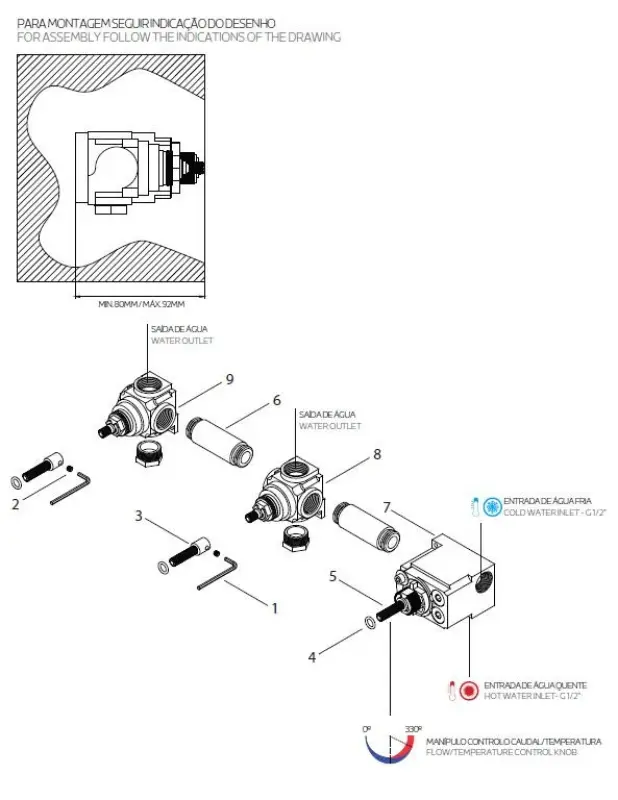 Waterevolution Flow built-in shower thermostat with 3 stop valves, brushed brass 1208916462