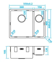 Caressi 1,5 rvs pia CA3415R10 B34+B15xC40xP18.5cm instalação por baixo, por cima ou no mesmo nível 1208921375