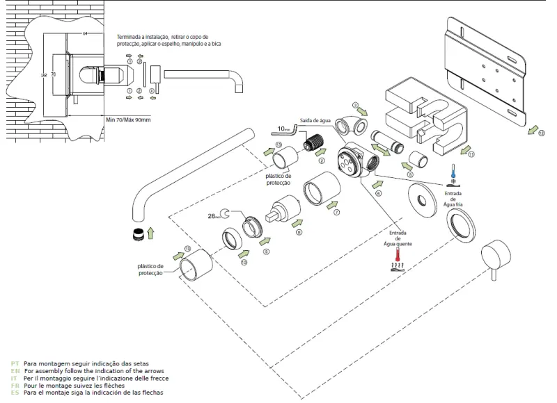 Torneira de lavatório embutida Waterrevolution Flow com placa de cobertura em latão escovado com bico de 15 cm T1161LE-15