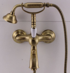 PB Torneira de banho nostálgica com ducha manual e alavanca branca Bronze
