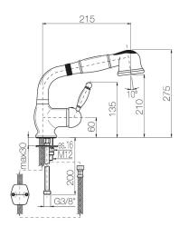 Torneira de cozinha nostálgica PB com ducha manual retrátil cromada