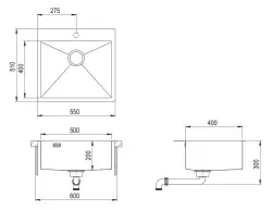 Ausmann Weser pia de aço inoxidável PVD Gold 55x51 com furo para torneira, instalação por baixo, ao nível da bancada e sobre bancada 080884