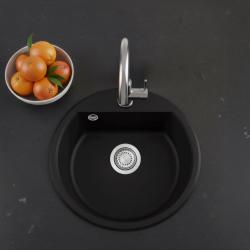 GraniteMy Bremen pia redonda de granito 43 cm preta de sobrepor e de embutir com bancada para torneira e tampa de aço inoxidável 1208953206