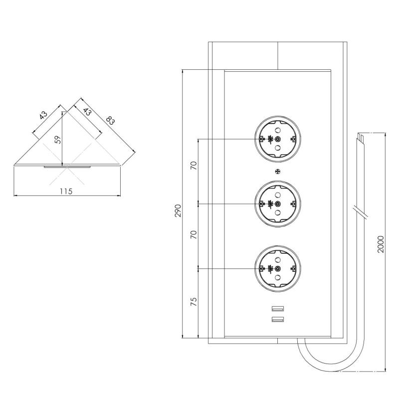 Indux Corner Coluna de energia com 3 tomadas, terra e carregador duplo USB-A&amp;C em aço inoxidável 1208953216