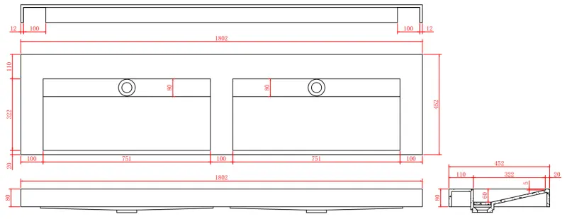 Pia dupla Solid-S Marble de superfície sólida em mármore preto fosco sem furo para torneira com tampa sólida B180xD45xH8 1208953889.