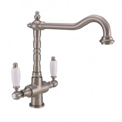 PB Torneira de cozinha campestre clássica nostálgica em aço inoxidável com alavancas brancas 1208953915