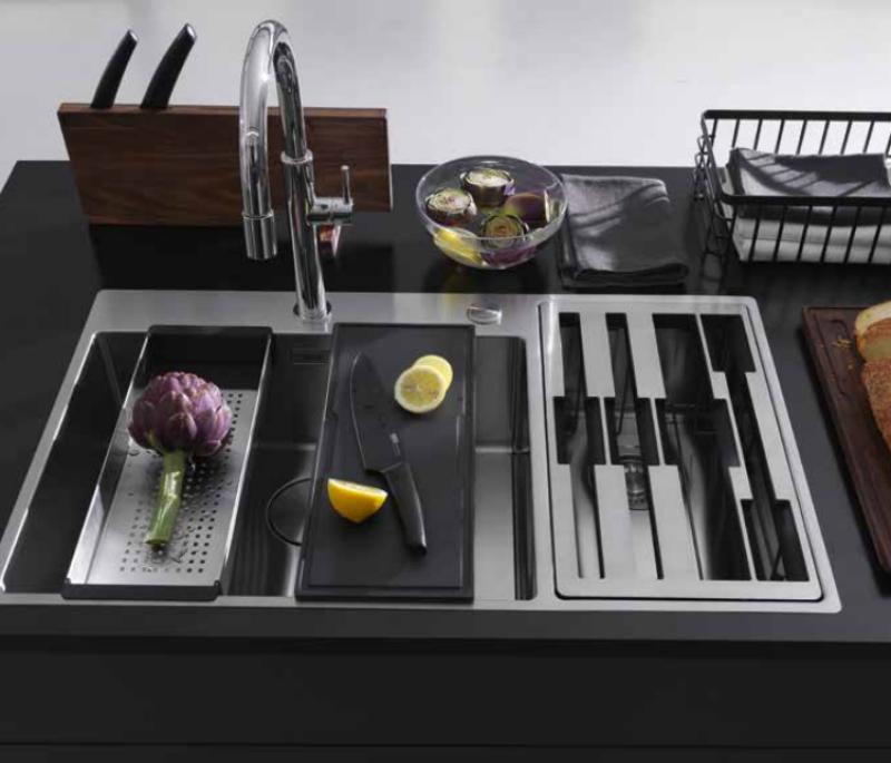 Franke Box Center BWX220-54-27 stainless steel sink right with chopping board knife set and wire basket 86x51cm 127.0587.644