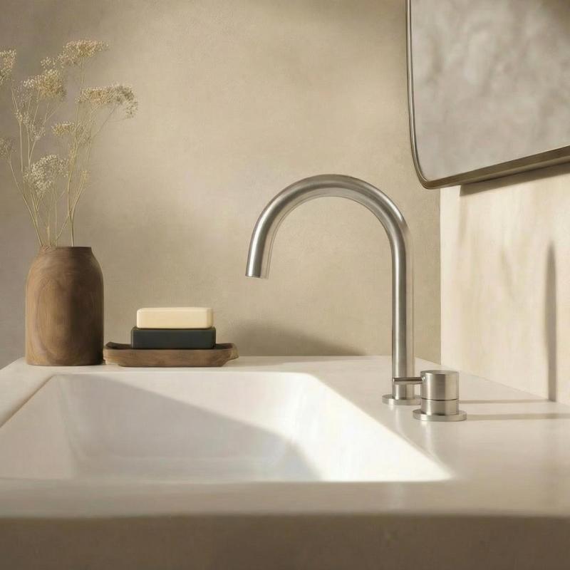 Waterevolution Flow torneira de lavatório de 2 furos totalmente em aço inoxidável com bica baixa em U de 200mm T1121UIE