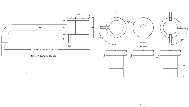 Waterevolution Flow 3-hole Built-in Washbasin Faucet Fully Stainless Steel with 10 cm Spout T1163FIE-10