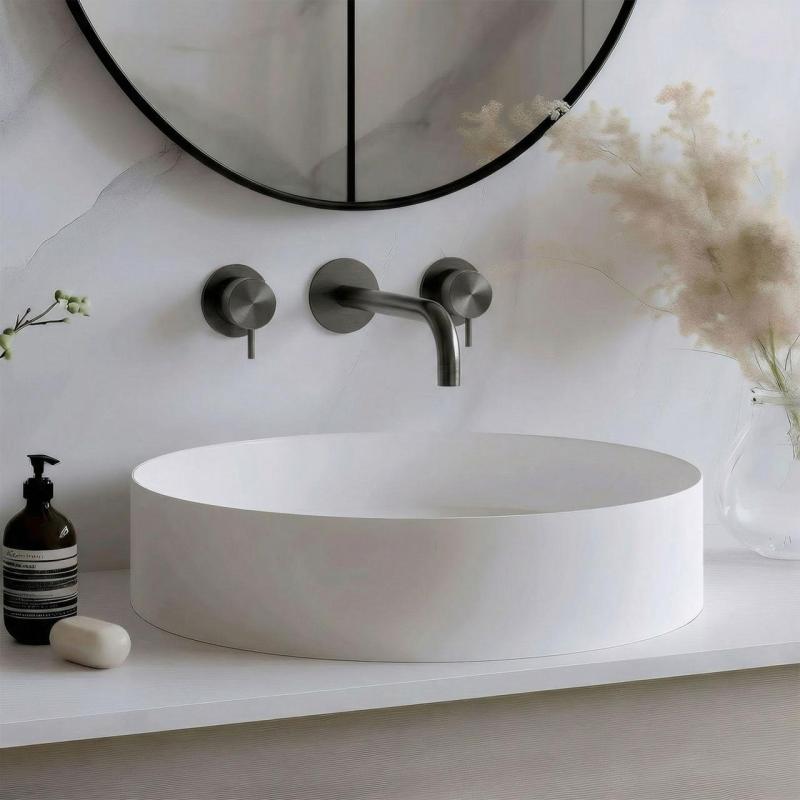 Torneira de lavatório embutida Waterrevolution Flow de 3 furos PVD Gun metal com bico de 15 cm T1163FGME-15