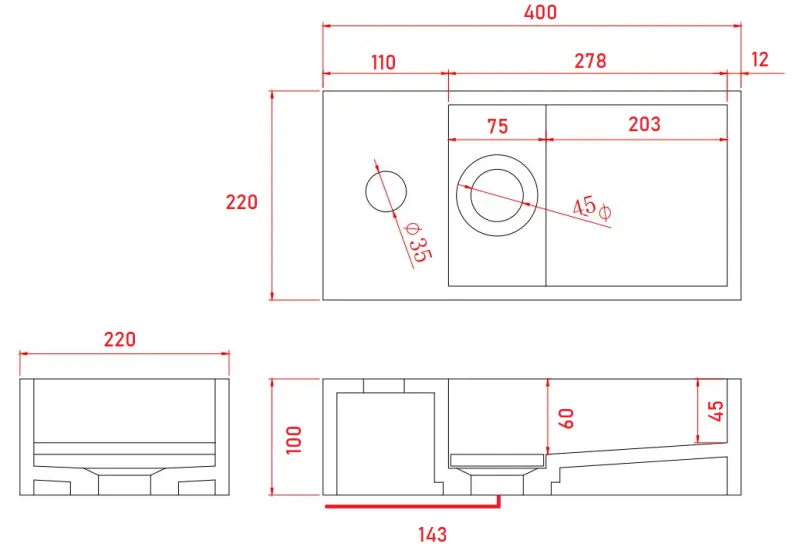 Fonte de superfície sólida Solid-S Marble B40xD22xH10cm mármore preto fosco à esquerda com furo para torneira 1208954633