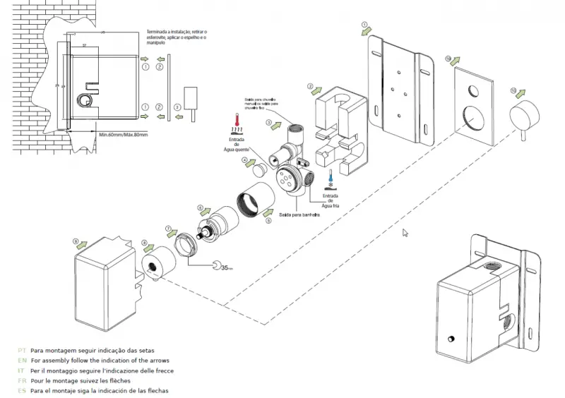 Waterevolution Flow concealed shower set with thermostat rain shower and hand shower gun metal