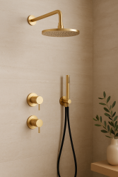 Waterevolution Flow conjunto de chuveiro embutido com termostato, chuveiro de teto e chuveiro de mão, PVD escovado light gold