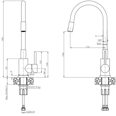 Quadri Bristol torneira de cozinha com bica flexível preta PVD cobre escovado 1208955984