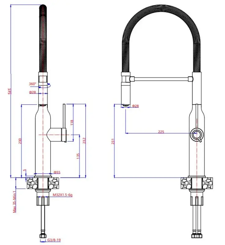 Quadri Stamford high kitchen mixer tap with flexible spout PVD brushed gold 1208956077