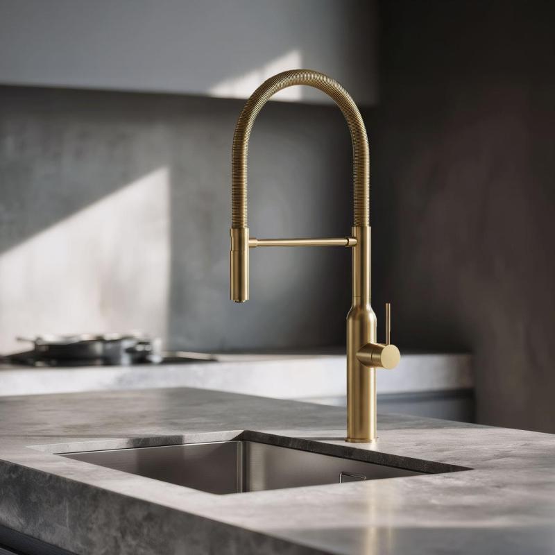 Quadri Stamford high kitchen mixer tap with flexible spout PVD brushed gold 1208956077