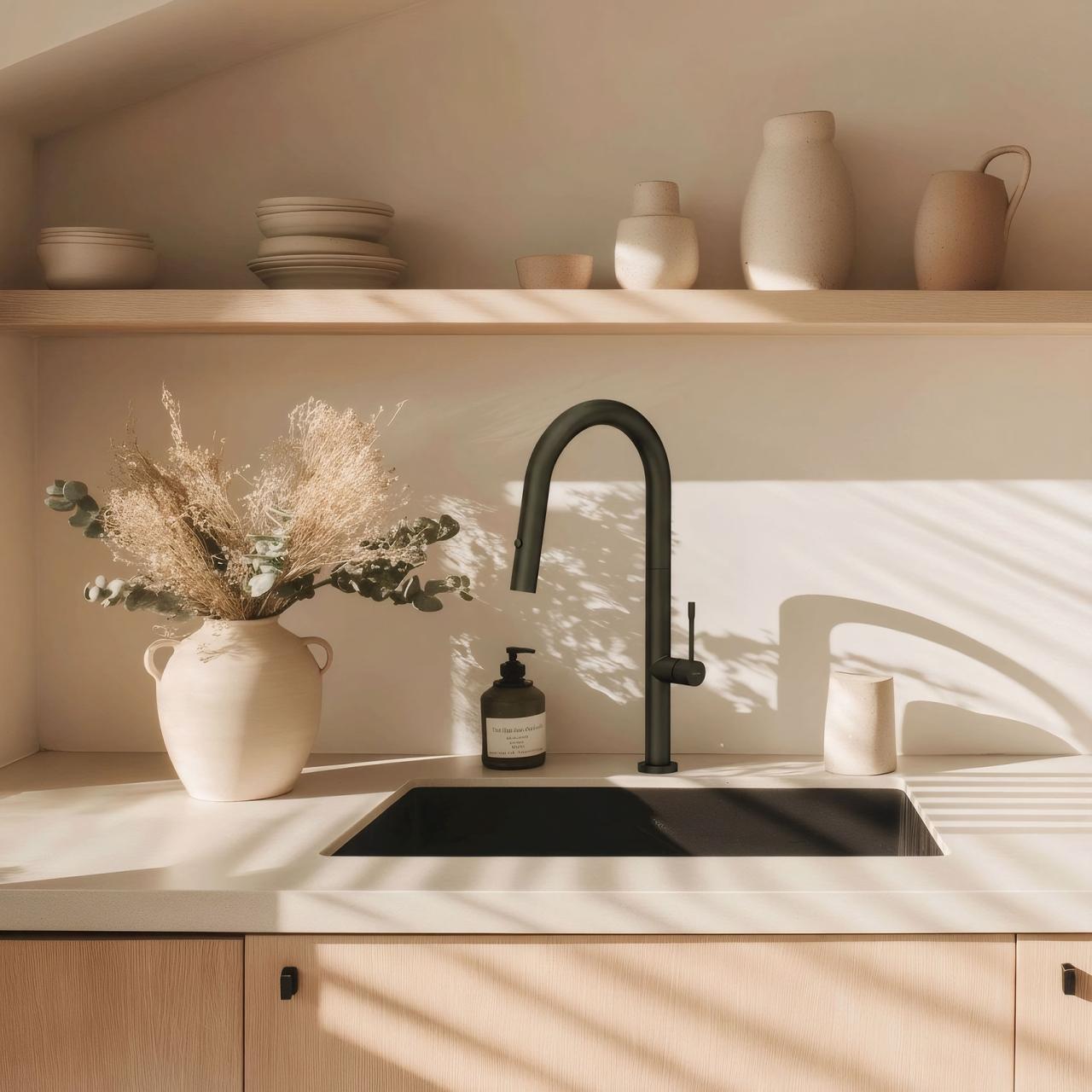 Torneira de cozinha Quadri Brighton preta fosca com bica extensível e pulverizador 1208956106