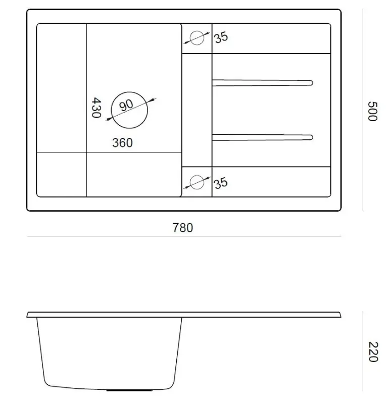 Quadri Sheffield black granite flush-mounted sink with drainer 78x50cm and black plug