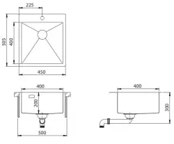 Pia de aço inoxidável Ausmann Turt 450x505mm com furo para torneira, montagem inferior, montagem nivelada e montagem superior 1208956941.