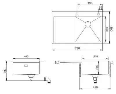 Ausmann Turt pia dourada com escorredor à esquerda 780x500mm de montagem superior e montagem ao nível da bancada 1208956942