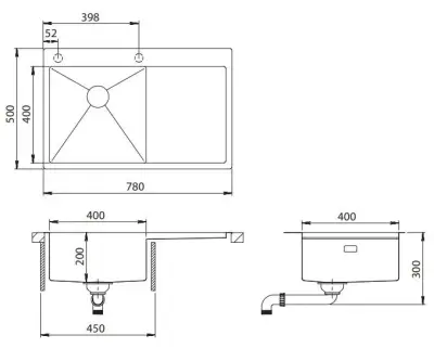Ausmann Turt pia de aço inoxidável com escorredor à direita 780x500mm montagem de sobrepor e nivelada 1208956954