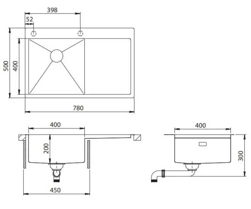 Ausmann Turt stainless steel sink with drainer right 780x500mm inset and flush-mounted 1208956954