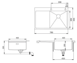Ausmann Turt pia de aço inoxidável com escorredor à esquerda 780x500mm montagem superior e nivelada 1208956957