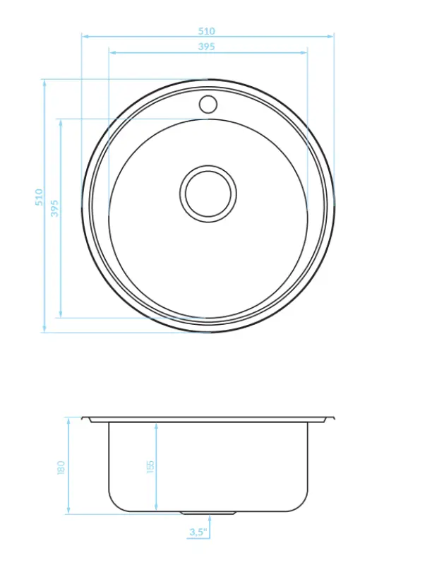 Ausmann Basic stainless steel inset round sink with tap hole 51 cm including siphon 1208956976