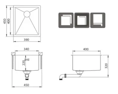 Ausmann Oder pia de aço inoxidável 34x40cm montagem plana, embutida e de superfície extra profunda 22cm 1208957111