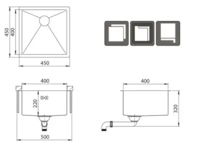 Ausmann Oder pia de aço inoxidável 40x40cm montagem nivelada, embutida e sobreposta, extra profunda 22cm 1208957112