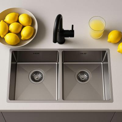 Spoelbak Ausmann Oder dubbele roestvrij staal 76x45cm met 2 bakken van 34x40, vlakbouw, onderbouw en opbouw, extra diep 22cm, 1208957116.