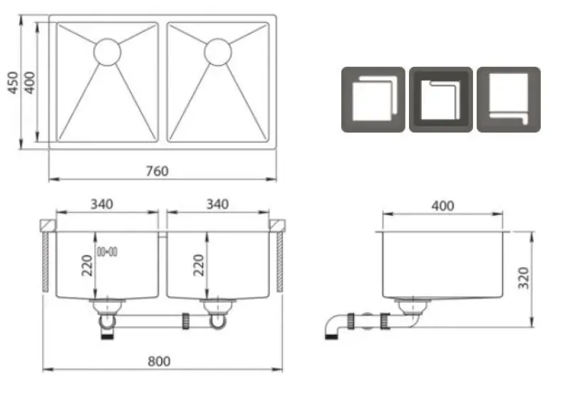 Ausmann Oder double stainless steel sink 76x45cm with 2 bowls 34x40 flush-mounted undermount and inset extra deep 22cm 1208957116