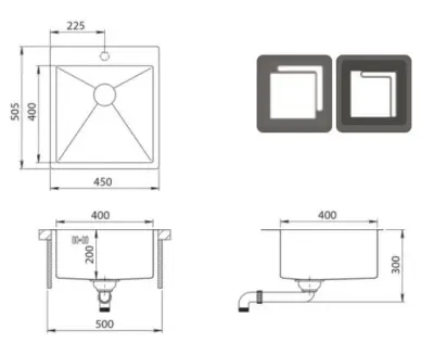 Ausmann Oder Blue pia de aço inoxidável 45x50cm de montagem plana e de sobreposição com bancada para torneira 1208957117