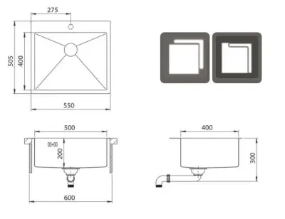 Ausmann Oder Blue pia de aço inoxidável 55x50cm de embutir e sobrepor com bancada para torneira 1208957118
