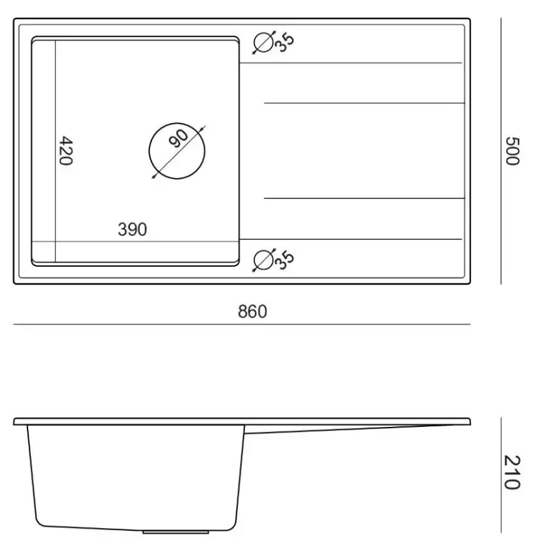 Quadri Luton black granite Inset Kitchen Sink with draining board reversible 86x50cm with black plug 1208957327