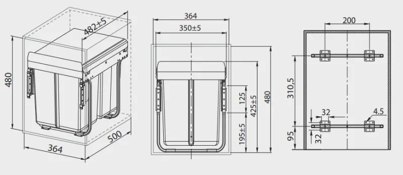 Garbi Sorter S-40-3 sistema de resíduos embutido com 3 recipientes de lixo 1 x 20 e 2 x 10 litros 1208957365