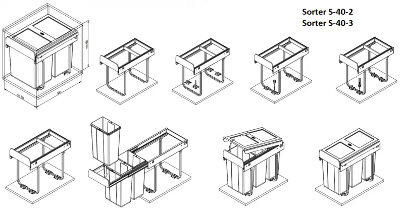 Garbi Sorter S-45-3 sistema de lixo embutido com 3 recipientes de lixo 1 x 20 e 2 x 10 litros 1208957366