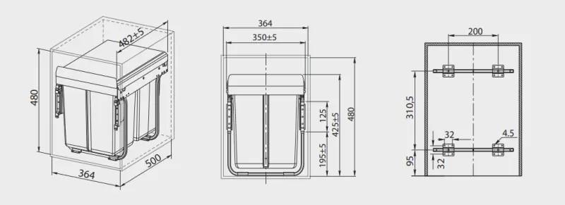 Garbi Carrier C-40-2-H sistema de lixo embutido com guias próprias e 2 recipientes de lixo de 2 x 20 Litros 1208957463