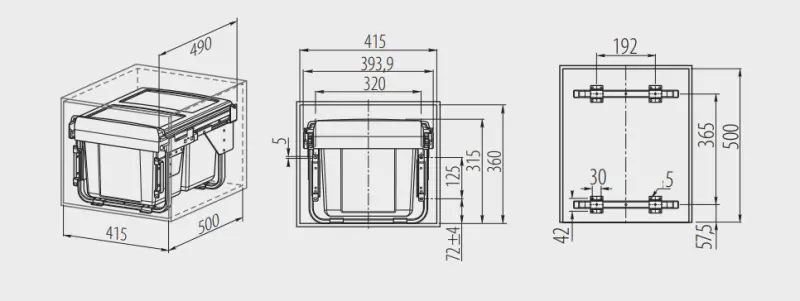 Sistema de resíduos embutido Garbi Carrier C-45-2 com guias próprias e 2 lixeiras de 15 litros cada 1208957467