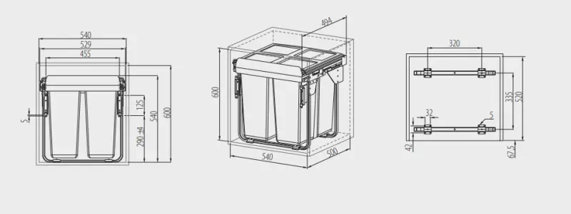 Garbi Carrier C-60-3-H sistema de resíduos embutido com guias próprias e 3 lixeiras 1 x 34 + 2 x 17 Litros 1208957470