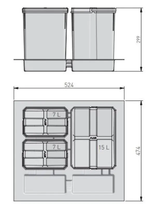 Garbi Basket B-60-3 sistema de separação de resíduos para gaveta de 60cm, incluindo suporte e 3 caixotes de lixo 1208957473