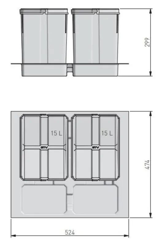 Garbi Basket B-60-2 sistema de separação de resíduos para gaveta de 60 cm incluindo suporte e 2 lixeiras 1208957474