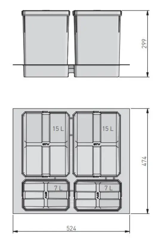 Garbi Basket B-60-4 sistema de separação de resíduos para gaveta de 60 cm, incluindo suporte e 4 baldes de lixo 1208957475
